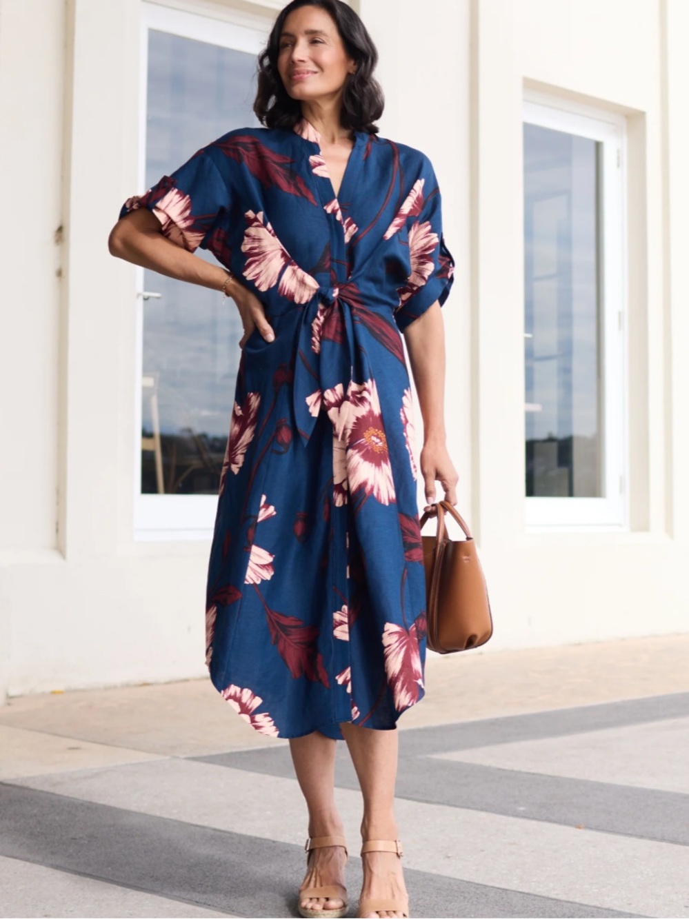 Maye  Arabella Print Midi Dress in Navy with Pink Floral